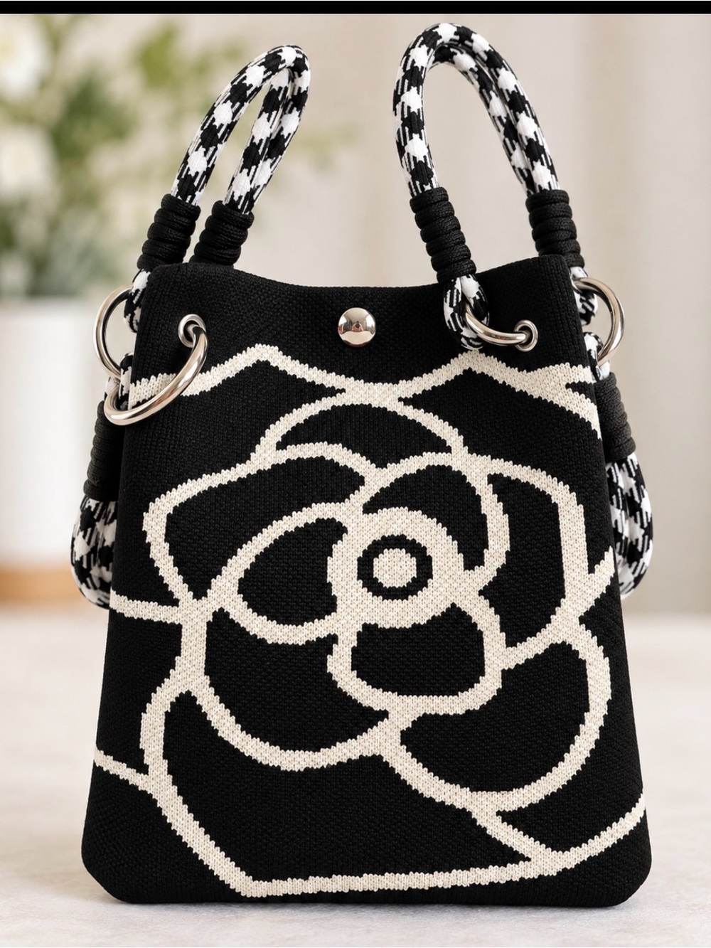 Floral Jacquard Knit Bucket Mini Bag Black White Camellia Rope Cord  Handles